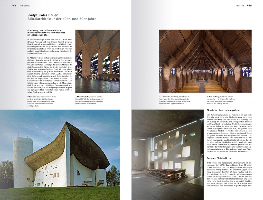 Christliche Kunst und moderne Architektur: Die Kirche von Notre-Dame-du-Haut von Ronchamp (unten links) und ihr lichtverspielter Innenraum (unten rechts), Foto: © FLC/ VG Bild-Kunst, Bonn 2010: Le Corbusier