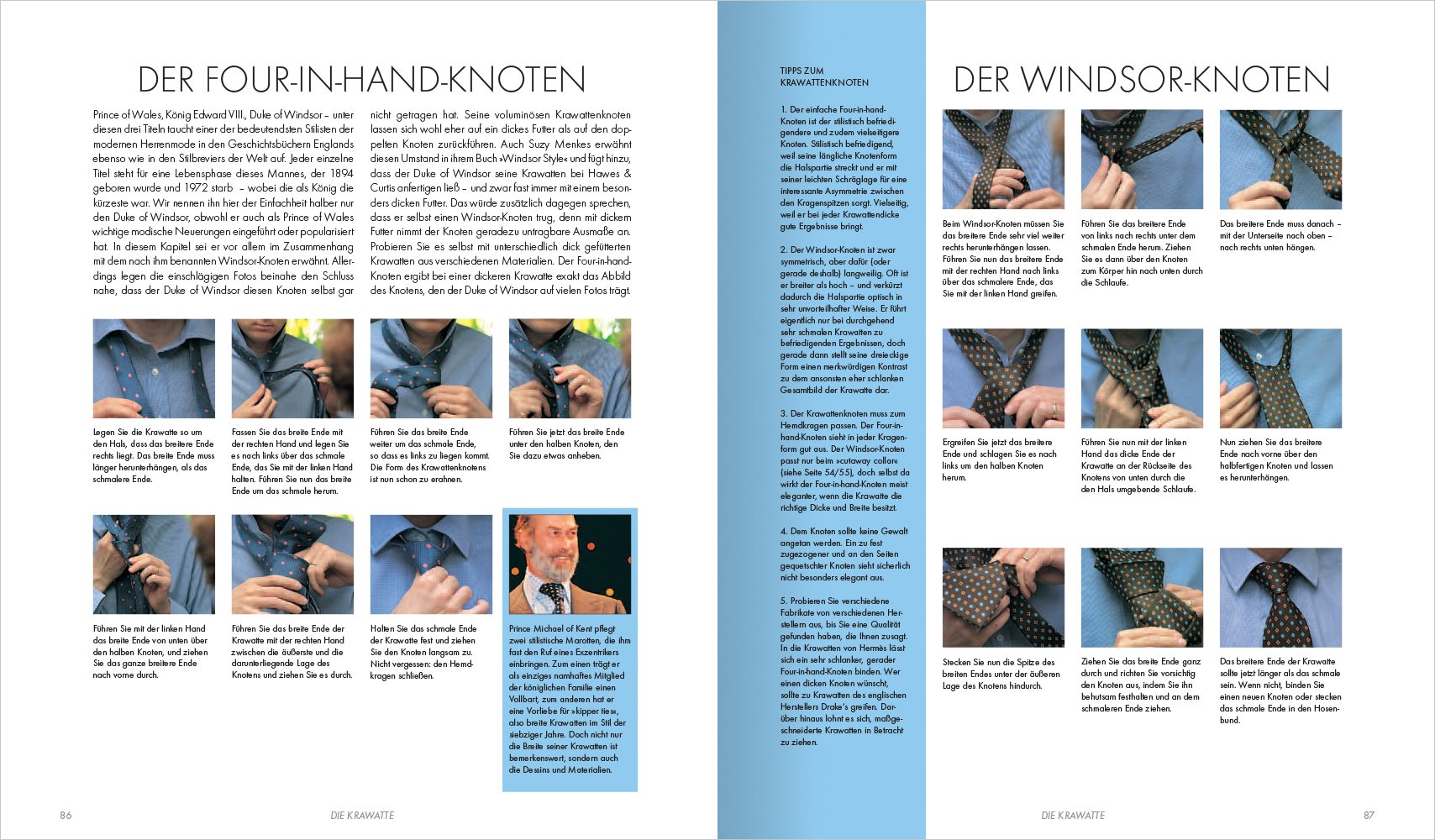Anleitung zur Krawattenbindung mit Schritt-für-Schritt-Bildern für den Four-in-Hand- und Windsor-Knoten, inklusive Tipps zur korrekten Ausführung und Materialwahl.