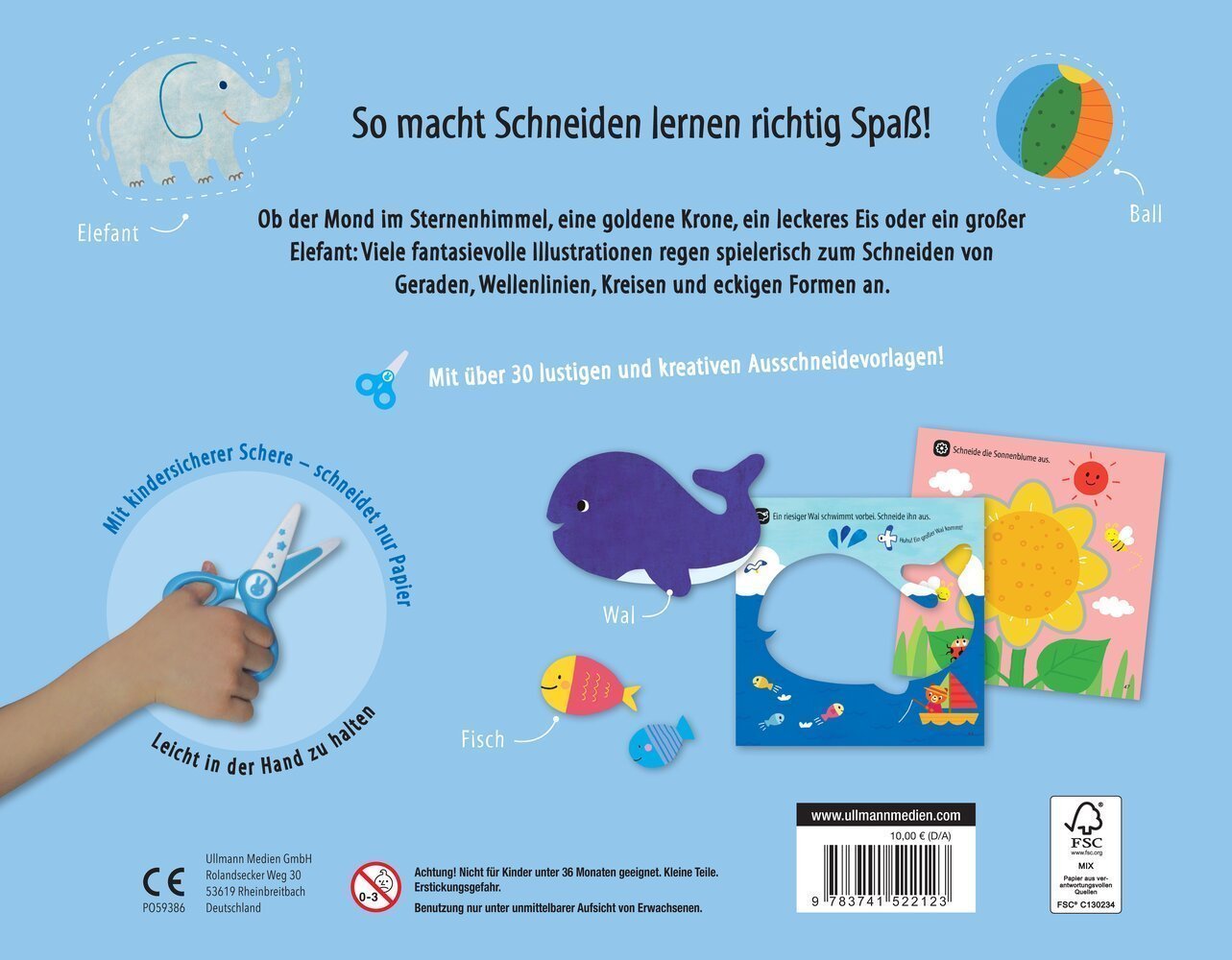 Ein bunt gestaltetes Kinderbuchcover mit einem Elefanten, einem Wal und einem Fisch, das spielerisches Schneiden mit kindgerechten Scheren und über 30 kreativen Ausschneidevorlagen fördert.