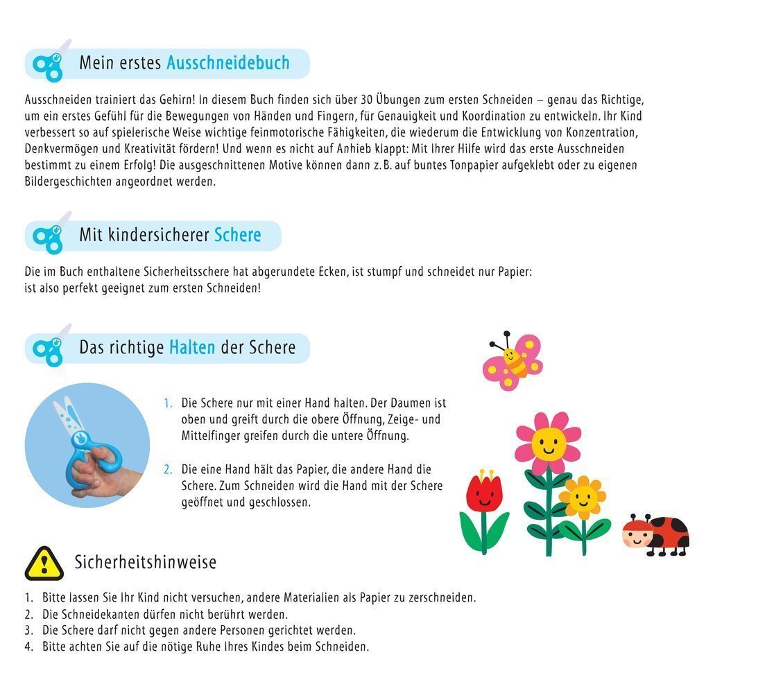 Mein erstes Ausschneidebuch mit kindgerechten Scheren und Sicherheitsanweisungen für sicheres Schneiden, inklusive 30 Übungen zur Förderung von Feinmotorik, Konzentration und Kreativität bei Kindern.