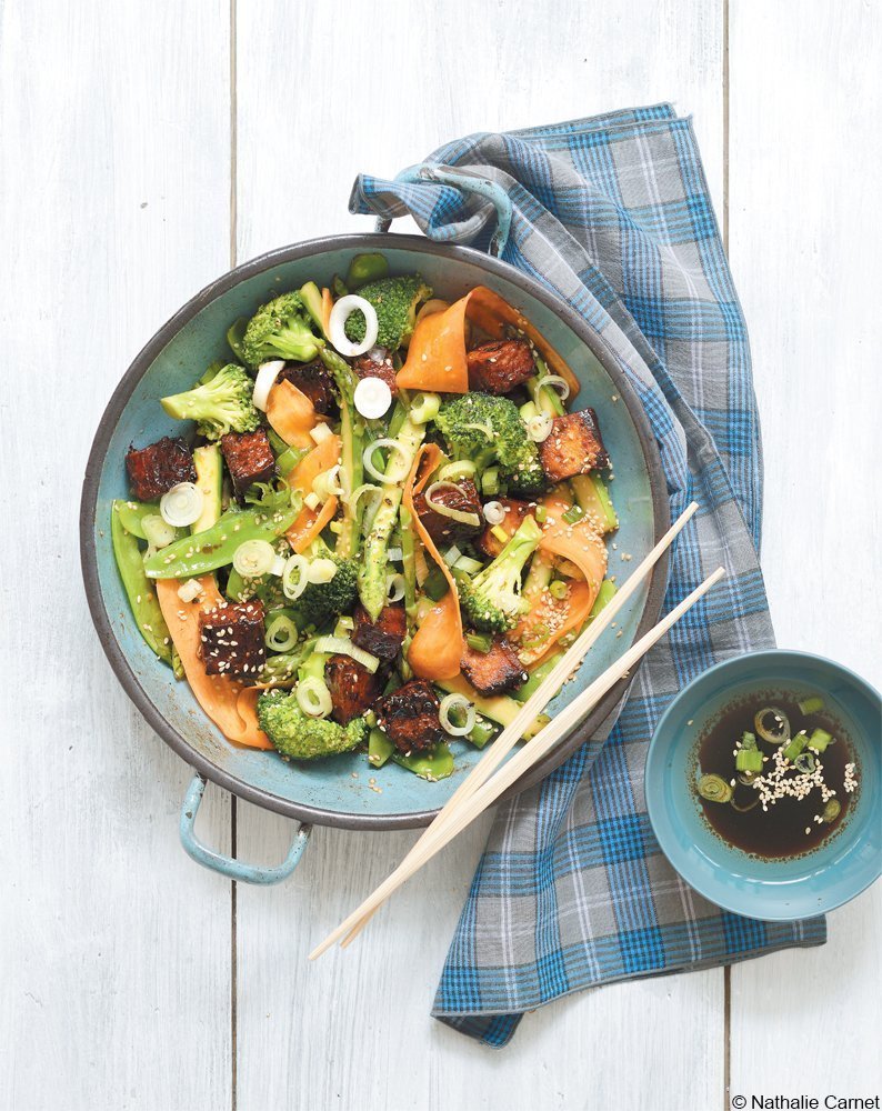 Gemüse aus dem Wok mit karamellisiertem Tofu