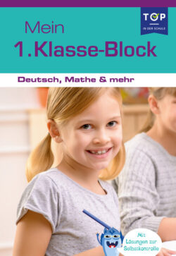 Lächelndes Mädchen mit Schulblock für die 1. Klasse, der Fächer wie Deutsch und Mathe abdeckt.
