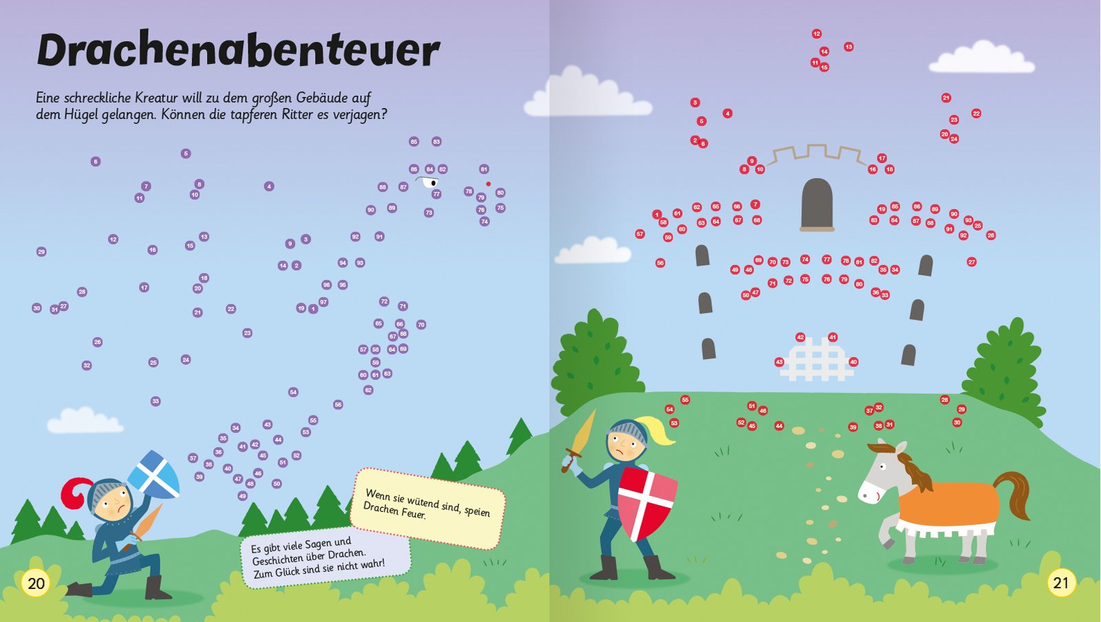 Eine farbenfrohe Buchillustration zeigt ein Drachenabenteuer mit tapferen Rittern, die gegen eine schreckliche Kreatur kämpfen, während im Hintergrund eine Burg und ein Pferd zu sehen sind.