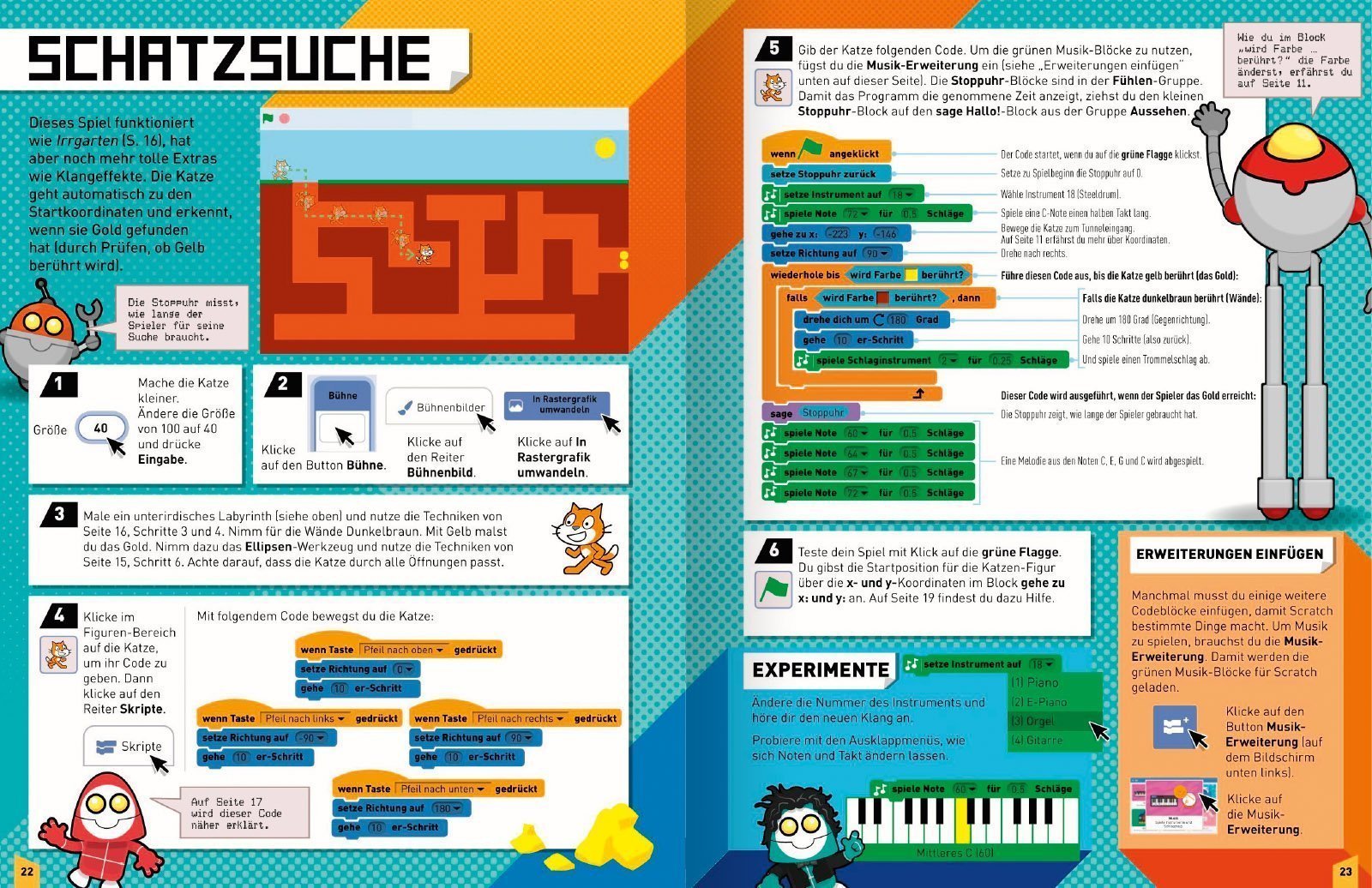 Anleitung zur Schatzsuche in einem interaktiven Spiel mit Programmieranweisungen und Experimenten zur Erstellung von Musik und Grafiken.