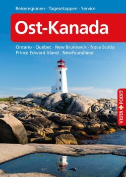 Leuchtturm an der Küste von Ost-Kanada mit Felsen und Wasser im Vordergrund, Titel "Ost-Kanada" auf einem Reiseführer, der die Regionen Ontario, Québec, New Brunswick, Nova Scotia, Prince Edward Island und Newfoundland hervorhebt.