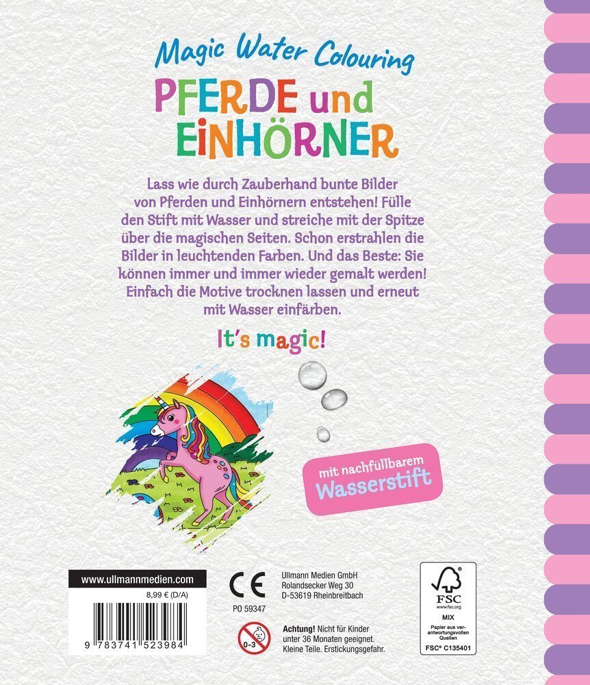 Bunte Rückseite eines Malbuchs mit dem Titel "Pferde und Einhörner", das die Verwendung eines nachfüllbaren Wasserstifts zur Erstellung von farbenfrohen Bildern beschreibt und ein Einhorn unter einem Regenbogen zeigt.