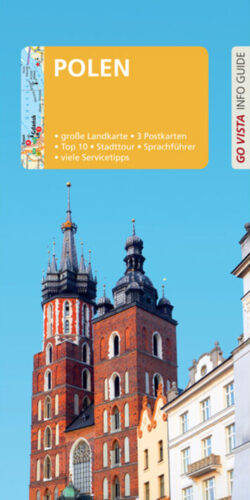 Broschüre über Polen mit großer Landkarte, Postkarten, Stadtführer und Servicetipps, vor einem Hintergrund historischer Architektur.