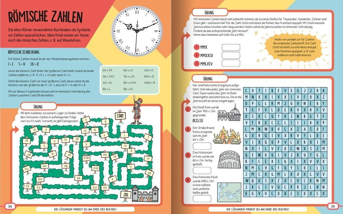 Römische Zahlen und Übungen zur Zahlenschreibung in einem Lernbuch für Kinder, mit einem Spiel zur Ermittlung von historischen Jahreszahlen.