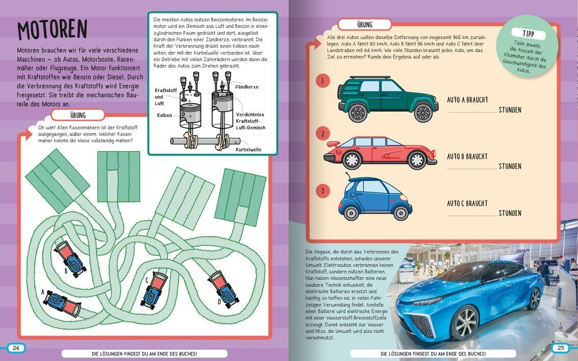 Illustration von verschiedenen Fahrzeugen und Motoren, die die Funktionsweise von Benzin- und Elektroantrieben erklären.