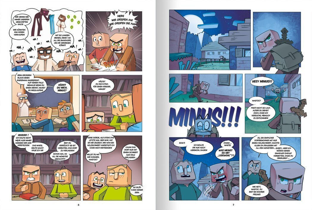 Comic-Seiten mit humorvollen Dialogen zwischen Charakteren in einer fantastischen Umgebung, die sich auf ein Abenteuer vorbereiten.