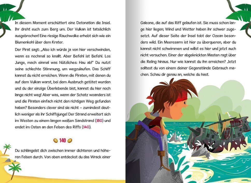 Ein junger Pirat steht auf einem Felsen und blickt auf ein gestrandetes Schiff, während im Hintergrund ein Vulkan raucht. Die Szene zeigt eine abenteuerliche Inselumgebung mit wildem Ozean und zerzausten Wolken.