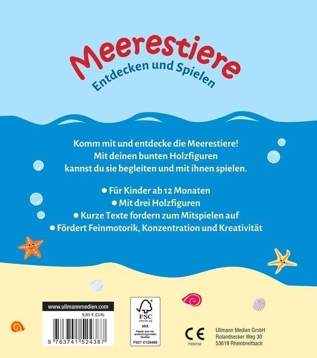 Buchcover "Meerestiere" für Kinder mit bunten Holzfiguren zur Förderung von Feinmotorik und Kreativität.
