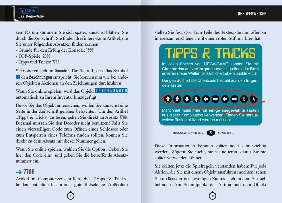 Ein Screenshot aus der Zeitschrift "Mega Game Player" zeigt wichtige Tipps und Tricks für Videospiele, einschließlich Cheatcodes für verborgene Level und Boni, sowie Informationen zur Verwendung eines Decoders im Spiel, um Objekte zu identifizieren und Aktionen durchzuführen.