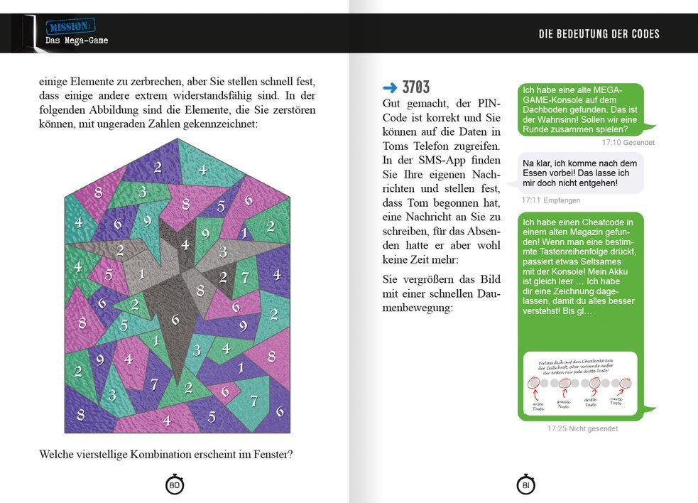 Ein buntes Zahlenpuzzle mit geometrischen Formen, das zur Lösung einer vierstelligen Kombination einlädt.