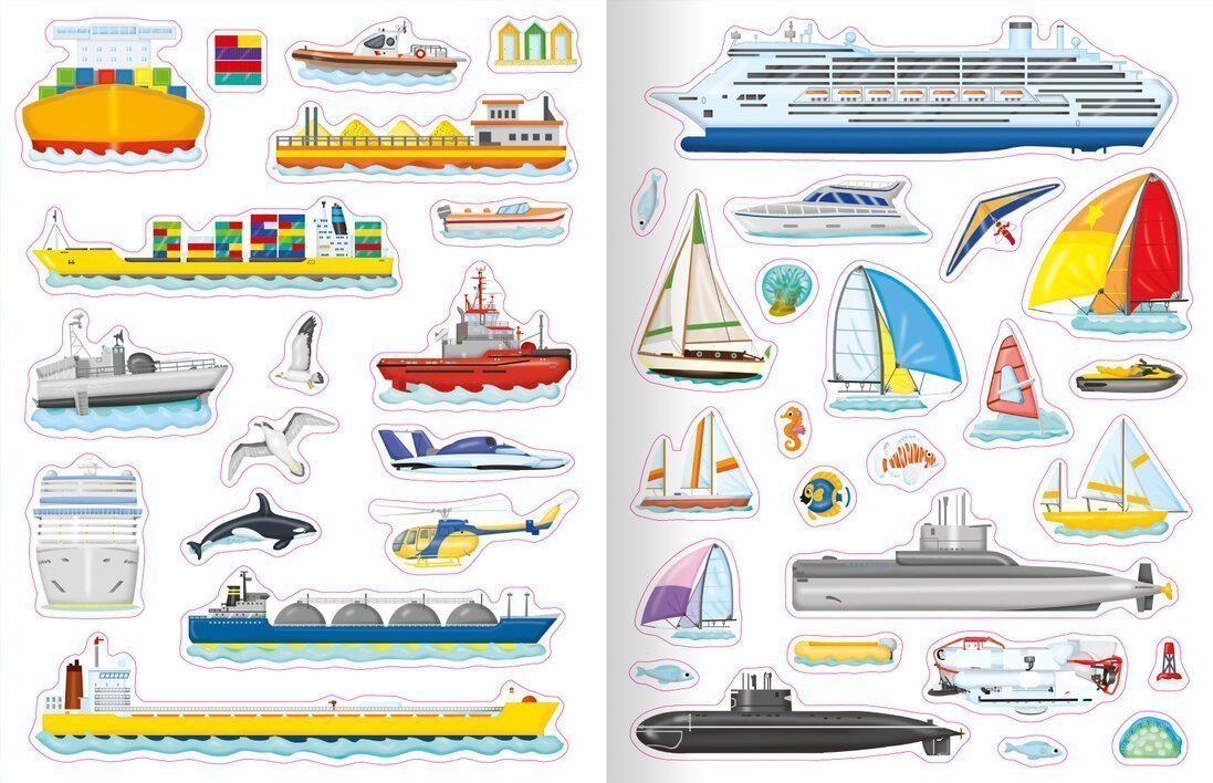 Bunte Illustrationen verschiedener Schiffe, Boote und Meereslebewesen auf einem Hintergrund mit Wasser.