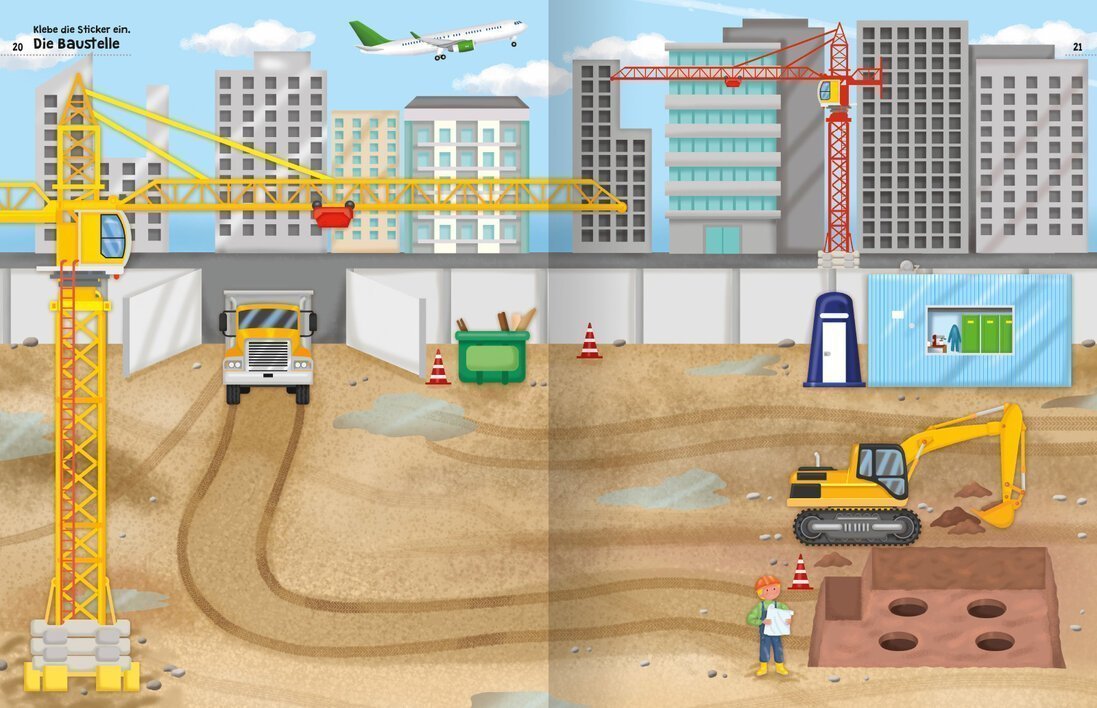 Bunte Baustelle mit Kränen, Baufahrzeugen und einem Bauarbeiter, der Baupläne hält, umgeben von modernen Gebäuden und einem Flugzeug am Himmel.