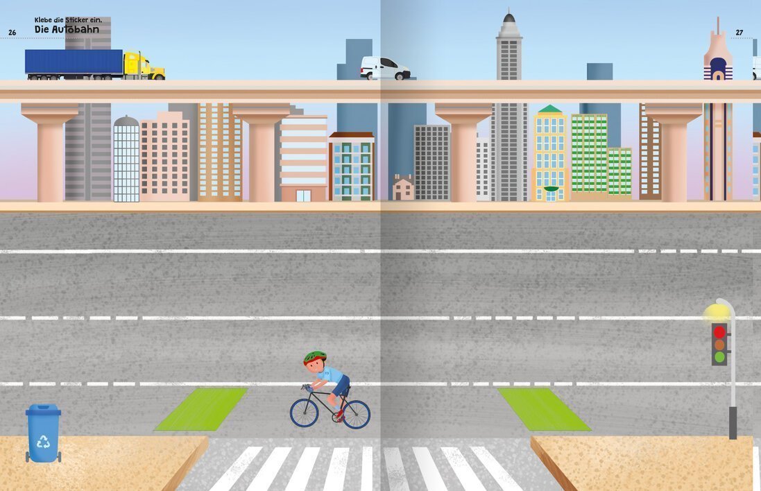 Blick auf eine Stadtlandschaft mit einer Autobahn, einem Radfahrer, der eine Fußgängerüberquerung benutzt, und modernen Gebäuden im Hintergrund.