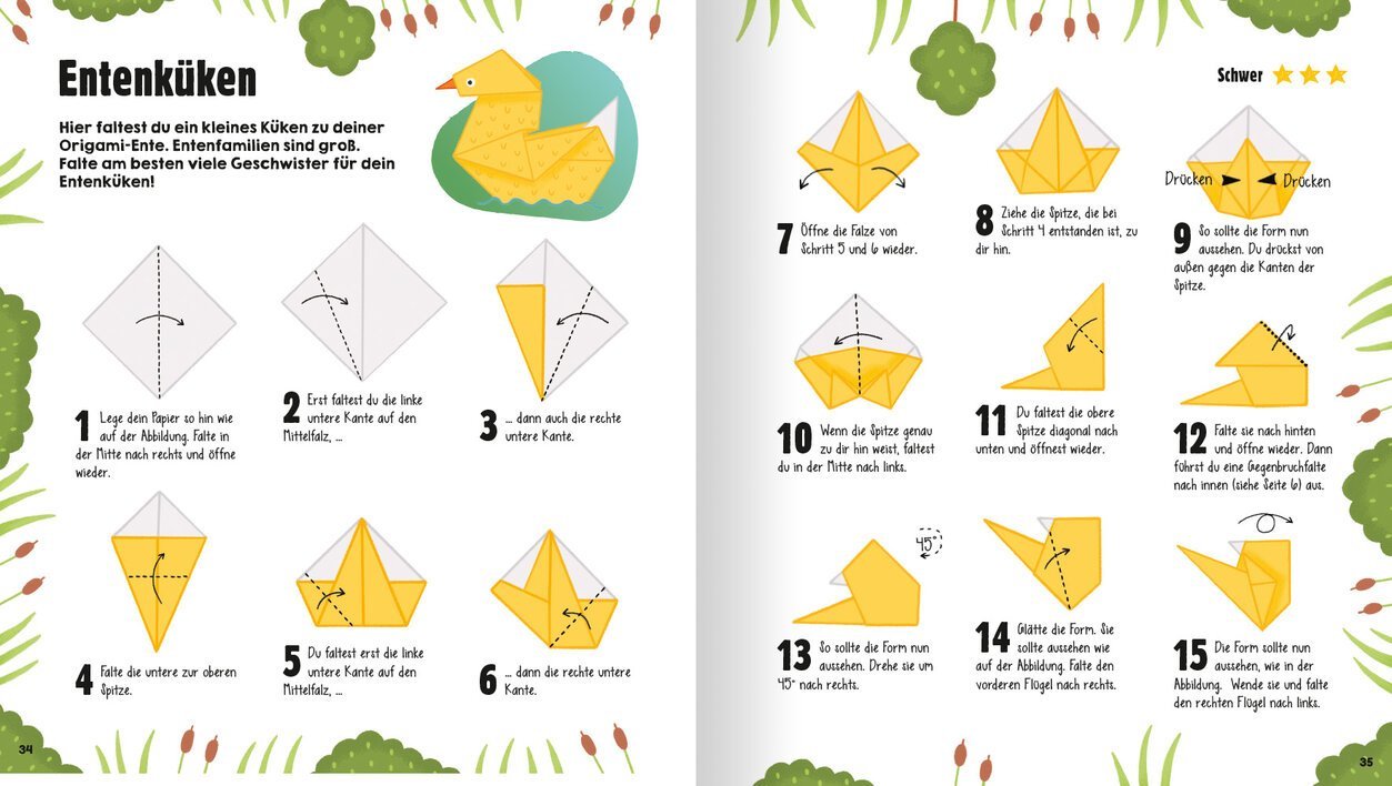 Anleitung zum Falten eines Origami-Entenkükens mit Schritt-für-Schritt-Bildern und Text, um Kindern das Basteln zu erleichtern.