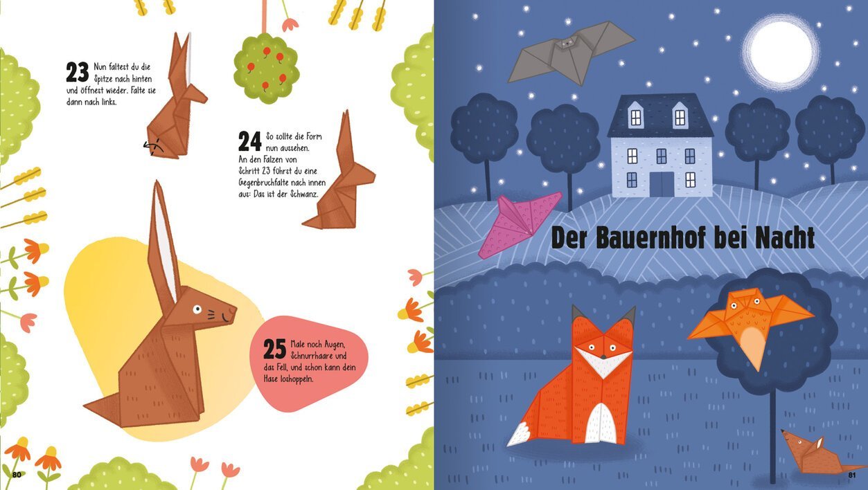 Anleitung zum Basteln von Origami-Tieren auf einem bunten Bauernhof bei Nacht, mit einem Hasen, einer Fledermaus und einem Fuchs vor einem Haus unter dem Mond.