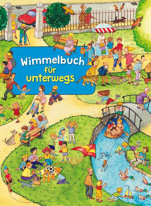 Buntes Wimmelbuch-Cover mit verschiedenen Figuren im Park, darunter Kinder, Tiere und eine Brücke über einen kleinen Fluss.