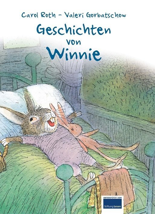 Geschichten von Winnie, einem schlafenden Hasen im Bett mit einem Stofftier, illustriert von Valeri Gorbatschow.