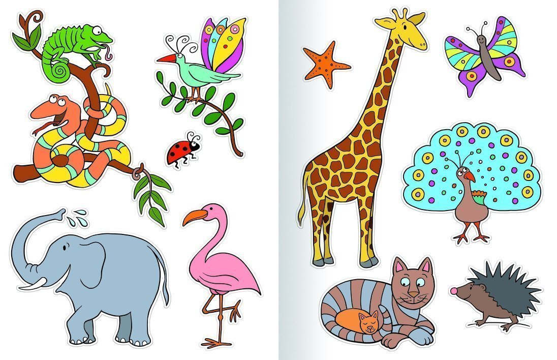 bunte Tierillustrationen mit Chamäleon, Schlange, Vögeln, Giraffe, Pfau, Elefant, Flamingo, Katze und Igel