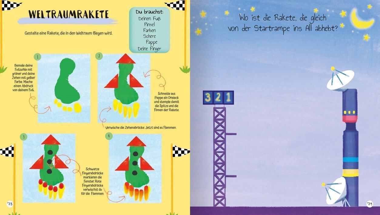 Anleitung zur Gestaltung einer Weltraumrakete für Kinder mit Schritt-für-Schritt-Anweisungen und Materialien.