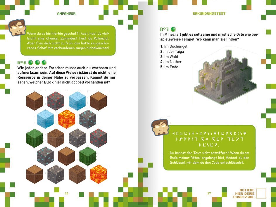 Ein Bild aus einem Minecraft-Buch, das Anfängern hilft, Ressourcen zu identifizieren und mysteriöse Orte wie Tempel zu erkunden, mit Illustrationen von Blöcken und einem Charakter, der eine Frage stellt.