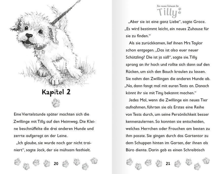 Ein niedlicher Hund namens Tilly, der fröhlich auf einer Wiese spielt, umgeben von Hundepfotenabdrücken, in einem Kinderbuch über die Abenteuer von Tilly und den Zwillingen.