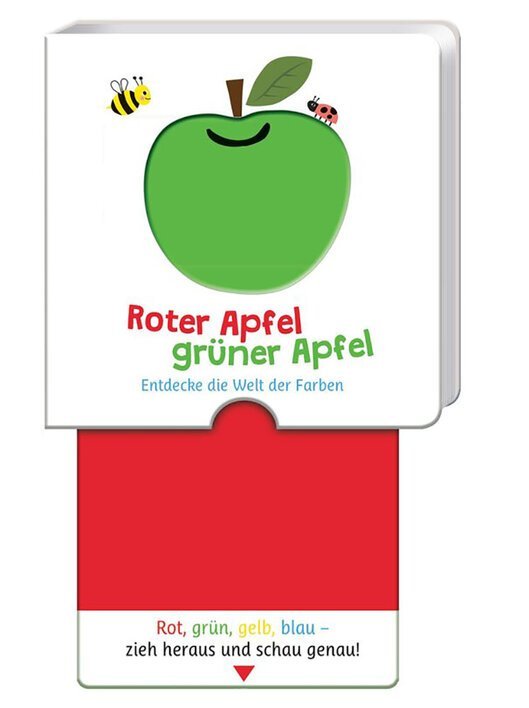 Bilderbuch mit dem Titel "Roter Apfel, grüner Apfel", das Kindern hilft, die Welt der Farben zu entdecken, mit bunten Illustrationen eines grünen Apfels und einem roten Klappteil.