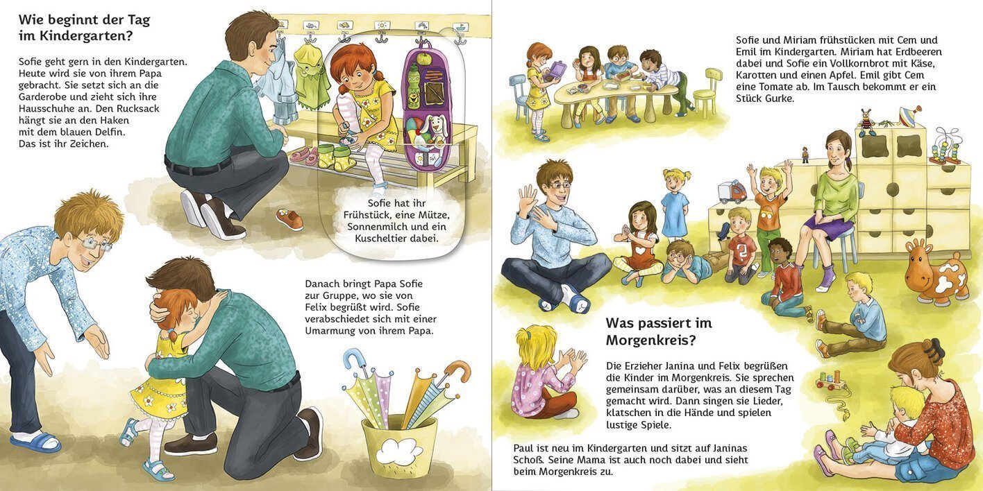 Sofie und andere Kinder erleben ihren Tag im Kindergarten, während sie sich an der Garderobe vorbereiten, frühstücken und im Morgenkreis spielen.
