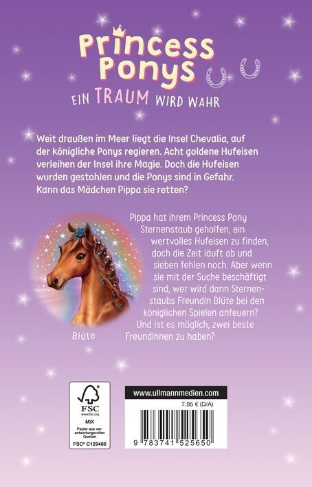 Buchcover von "Princess Ponys – Ein Traum wird wahr" mit einer Illustration eines Ponys und magischen Elementen.