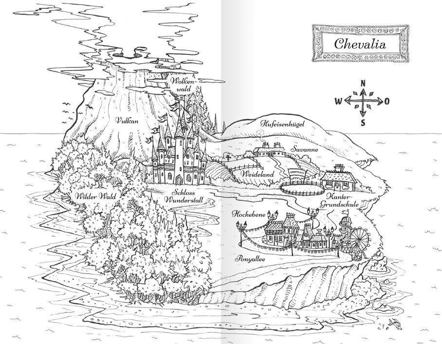 Eine handgezeichnete Karte von Chevalia, die verschiedene Fantasy-Landschaften wie den Wilder Wald, das Schloss Wunderstall und den Vulkan zeigt, umgeben von Wasser und mit einem Kompass im oberen rechten Bereich.