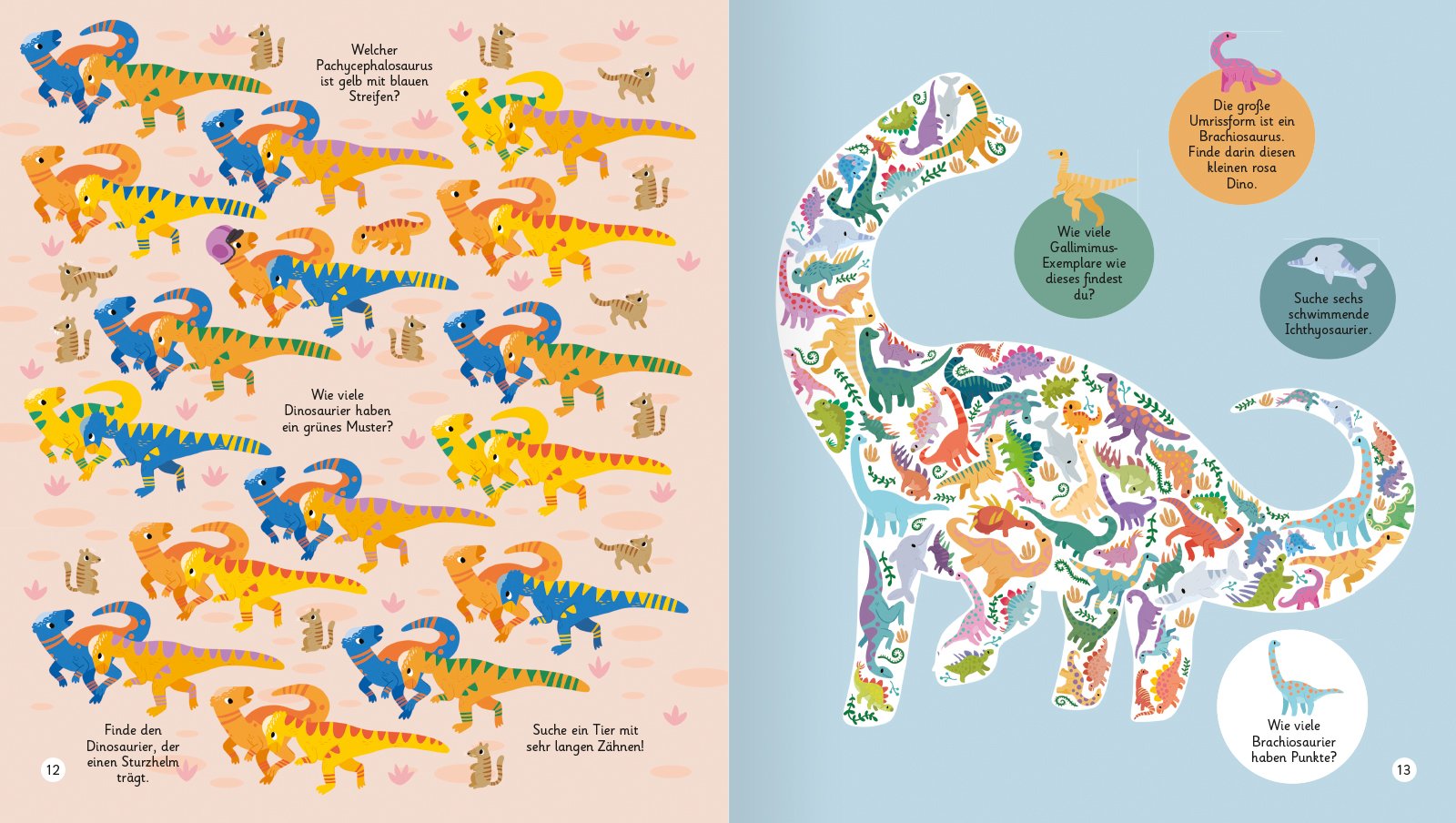 Bunte Illustration von verschiedenen Dinosauriern und kleinen Tieren, die in einem Kinderbuch dargestellt werden, mit interaktiven Fragen zur Identifikation und Zählung von Dinosauriern.
