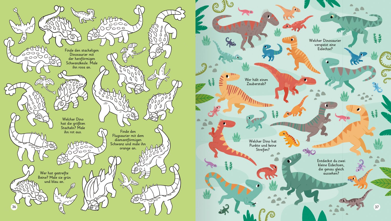 Zwei Seiten eines kinderfreundlichen Malbuchs mit verschiedenen Dinosauriern, auf der linken Seite schwarz-weiß zum Ausmalen mit Anleitungen, und auf der rechten Seite farbenfrohe, cartoonartige Dinosaurier in einem Dschungel-Hintergrund, die Kinder zum Rätseln und Ausmalen anregen.