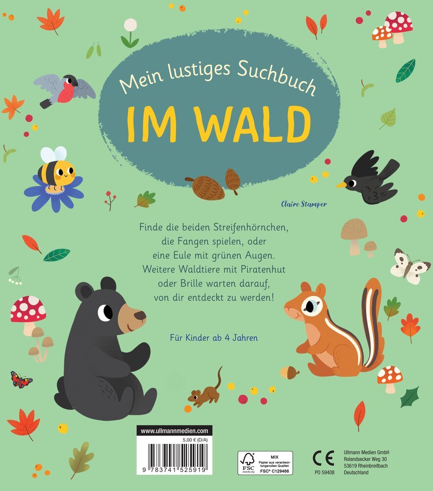 Buchcover des lustigen Suchbuchs "Im Wald" für Kinder ab 4 Jahren, mit Illustrationen von Tieren wie einem Bären, einem Eichhörnchen, einer Eule und weiteren Waldtieren, umgeben von bunten Blättern und Blumen.