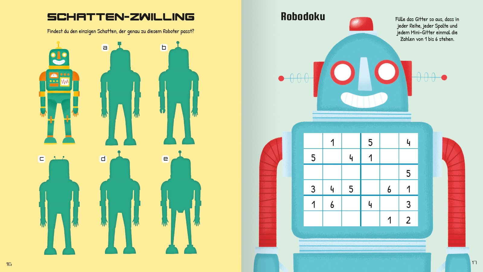 Schattenrätsel mit verschiedenen Robotern und einem Robodoku-Spiel auf einer bunten Seite.