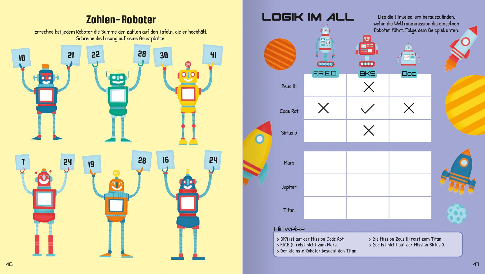 Zahlen-Roboter mit bunten Tafeln, die verschiedene Zahlen halten, zur Unterstützung von mathematischen Aufgaben und logischen Rätseln in einem kinderfreundlichen Lernumfeld.