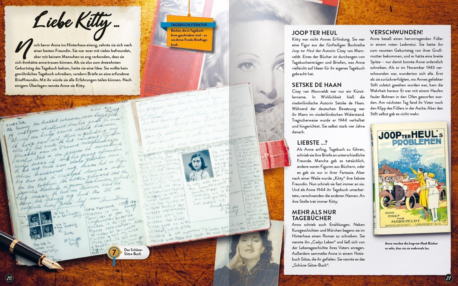 Ein offenes Tagebuch mit handschriftlichen Einträgen, Bildern und einem Stift, umgeben von einem historischen Hintergrund, der die Bedeutung von Anne Franks Briefen und Tagebuchliteratur verdeutlicht.