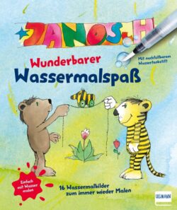 Wunderbarer Wassermalspaß von Janosch, illustriert mit einem Bären und einem Tiger, die mit einem Wasserstift und Wasserfarben spielen; das Cover zeigt bunte Blumen und einen Schmetterling, ideal für kreative Kinderaktivitäten.