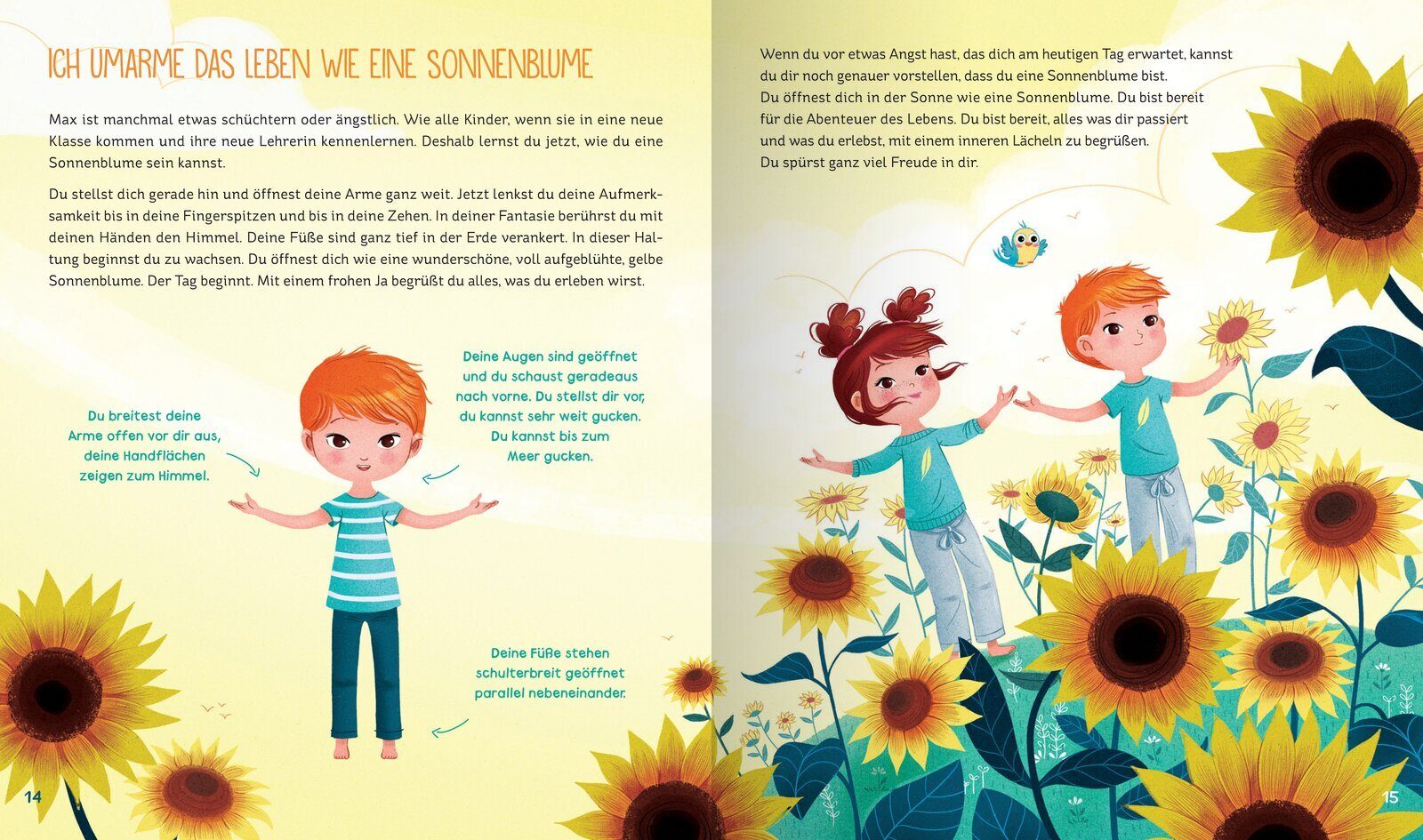 Zwei Kinder, ein Junge mit roten Haaren und ein Mädchen mit braunen Haaren, stehen in einem Feld voller Sonnenblumen und breiten ihre Arme aus, um das Leben zu umarmen. Die Illustration vermittelt ein Gefühl von Freude und Offenheit, während die Kinder mit einem Lächeln in die Zukunft blicken.