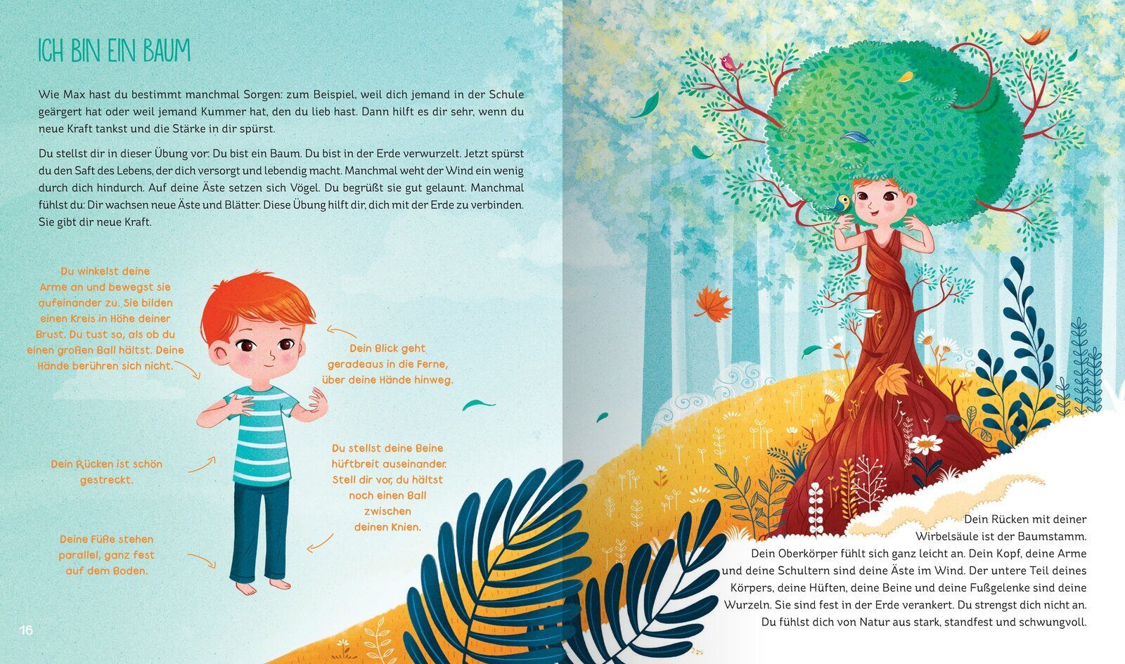 Ein Junge mit roten Haaren steht in einer bunten, fantasievollen Landschaft, umgeben von einem stilisierten Baum, der seine Arme und Beine darstellt. Der Junge ist in einer entspannten Pose und trägt ein gestreiftes T-Shirt, während er eine Übung zur Verbindung mit der Natur macht. Im Hintergrund sind fröhliche Vögel und bunte Blätter zu sehen, die die harmonische Atmosphäre unterstreichen.