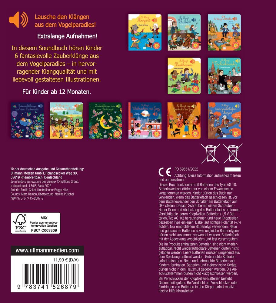 Kindersoundbuch mit Illustrationen und Zauberklängen aus dem Vogelparadies für Kinder ab 12 Monaten.