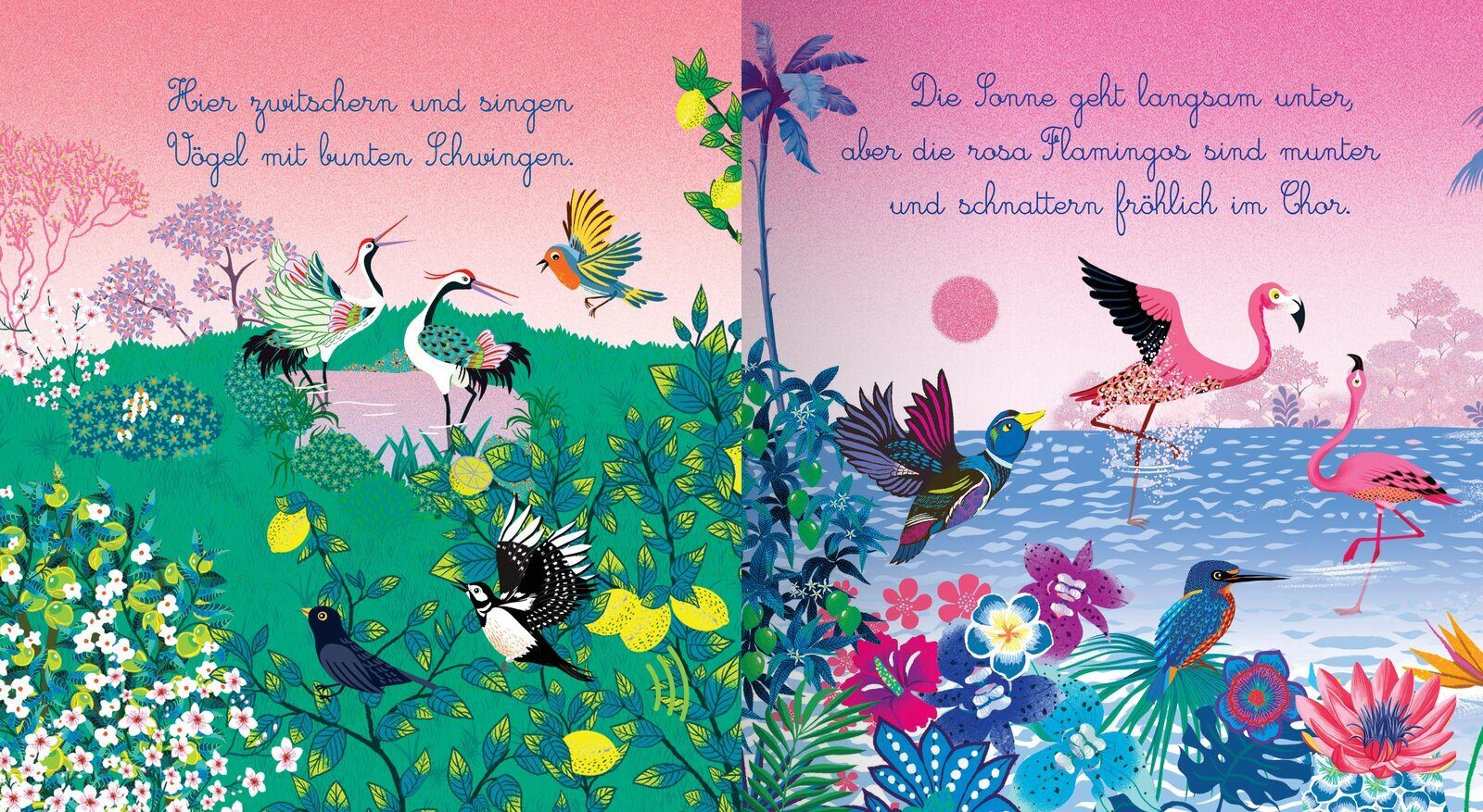 Bunte Vögel und Flamingos in einer lebhaften, farbenfrohen Landschaft mit Pflanzen und Blumen, die fröhlich im Chor singen.