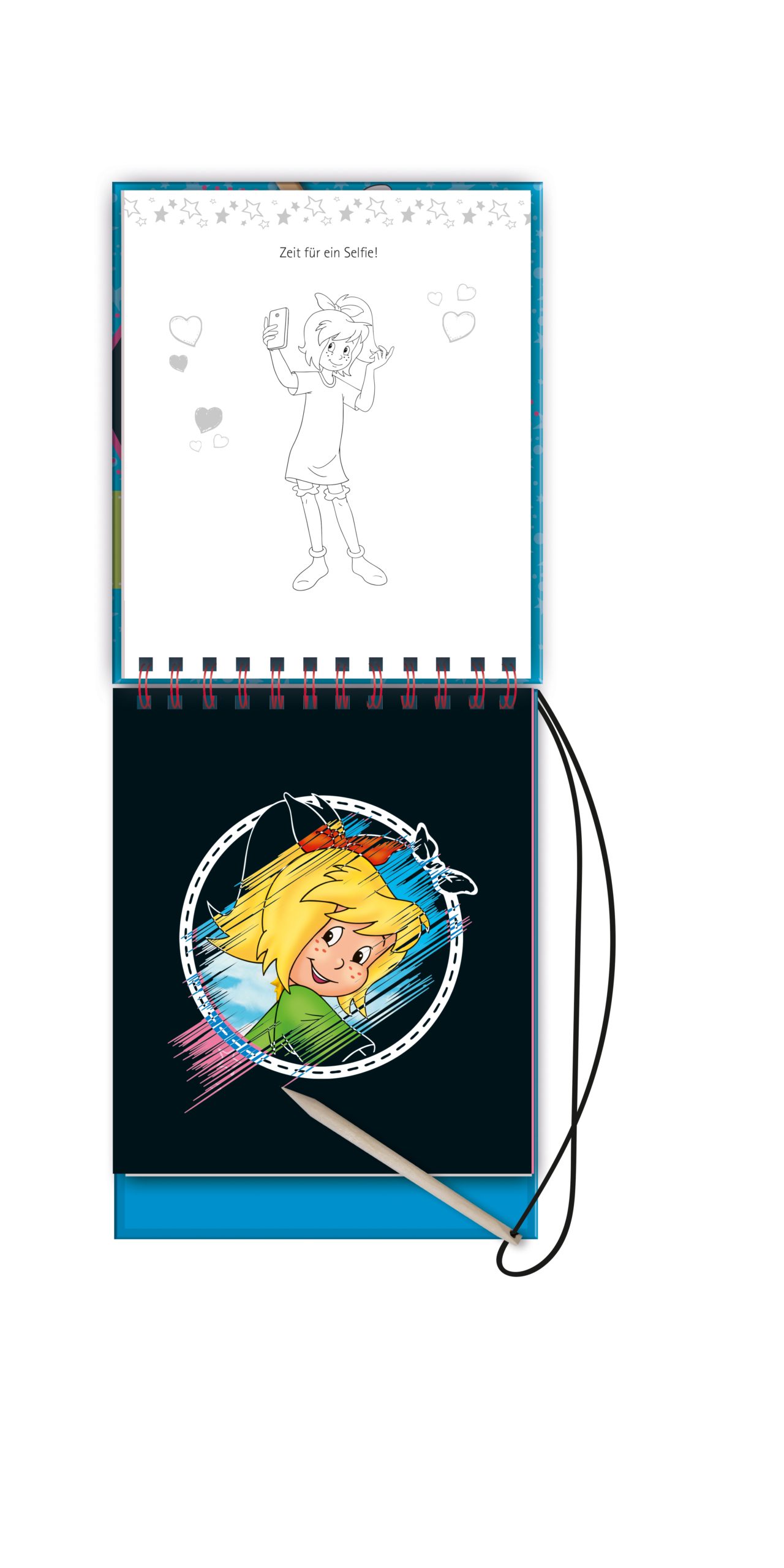 Ein offenes Skizzenbuch mit einem bunten Charakter, der ein Selfie macht, und einer Zeichnung darüber, die "Zeit für ein Selfie!" sagt.