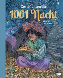 Ein Junge mit einem roten Turban sitzt auf einem Schatz aus Gold und Edelsteinen, während er eine magische Lampe in der Hand hält, umgeben von einer geheimnisvollen, märchenhaften Landschaft, inspiriert von den Geschichten aus 1001 Nacht, illustriert von Tim Köhler.
