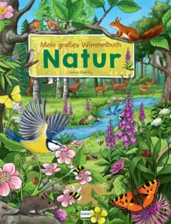 Mein großes Wimmelbuch Natur von Svenja Doering zeigt eine farbenfrohe und detailreiche Illustration einer Naturlandschaft mit verschiedenen Tieren, Pflanzen und einem kleinen Fluss, ideal für Kinder und Naturfreunde.