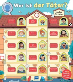 Illustration eines Schulgebäudes mit verschiedenen Charakteren, die als Verdächtige in einem Spiel namens "Wer ist der Täter?" dargestellt sind, darunter Lehrer, Schüler und andere Schulmitarbeiter, die jeweils mit Namen und Rollen beschrieben sind.