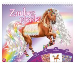 Ein wunderschönes, fantasievolles Pferd mit langem, weißem Haar und bunten Accessoires, umgeben von einem regenbogenfarbenen Hintergrund; das Bild zeigt den Titel "Zauberpferde" sowie Informationen über ein kreatives Malbuch mit über 120 Glitzerstickern und 40 Malvorlagen.