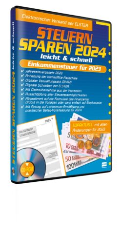 CD-ROM "Steuern Sparen 2024" mit Informationen zur Einkommensteuer für 2023, inklusive aktueller Änderungen, digitalem Versand über ELSTER und Tipps zur Steuerersparnis.